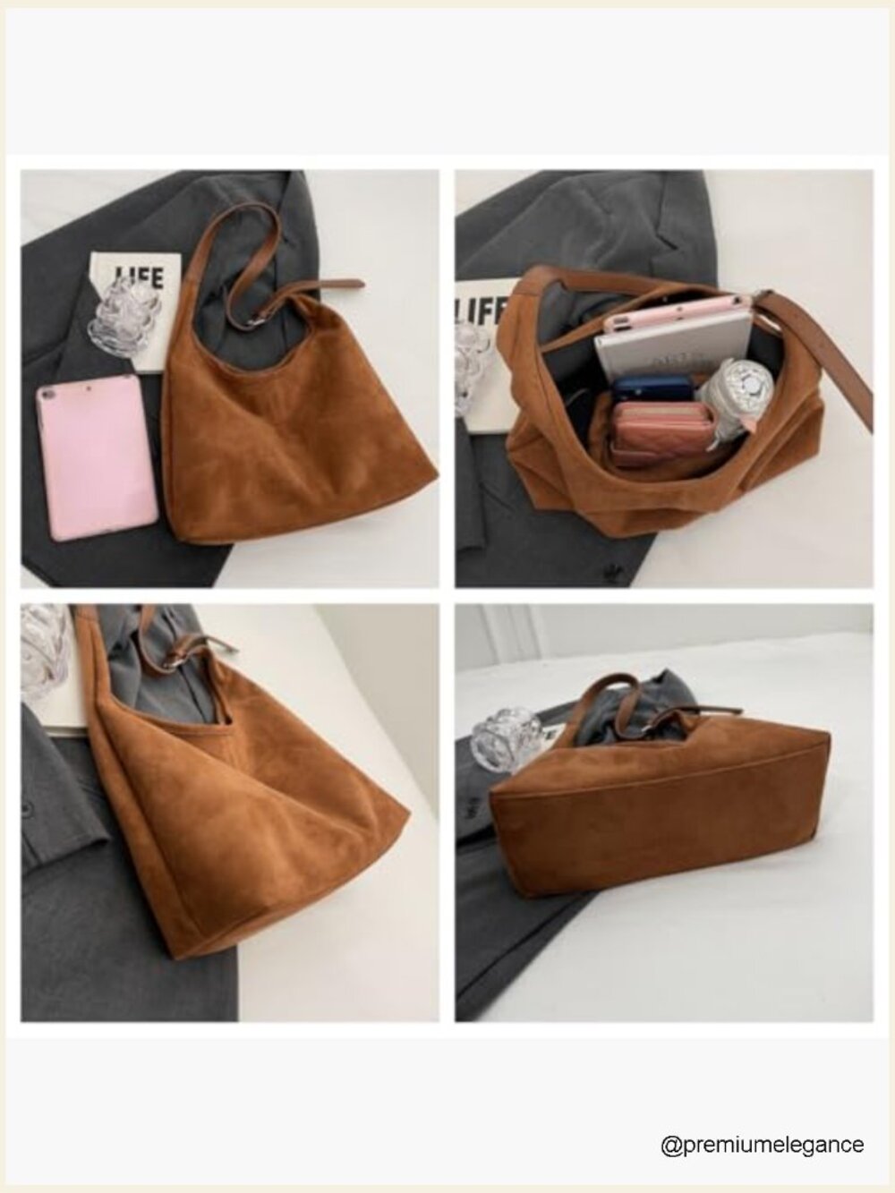Slouchy Suede Hobo Bag Faux Leather Tote Shoulder Work Bag - Picture 4 of 7